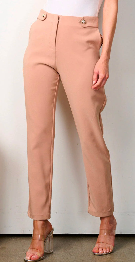 WOMEN'S BUTTON CLOSURE POCKETS WIDE LEG PANTS