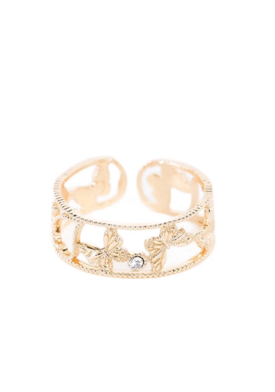 Gold Heart Butterfly Carving Clear Gemstone Ring