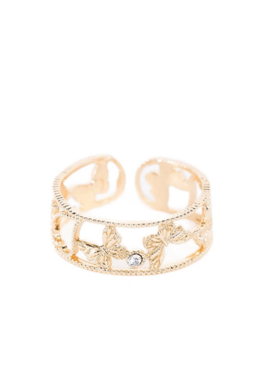 Gold Heart Butterfly Carving Clear Gemstone Ring