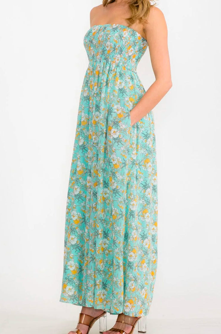WOMEN'S SLEEVELESS FRONT POCKETS SMOCK WIDE LEG FLORAL JUMPSUIT