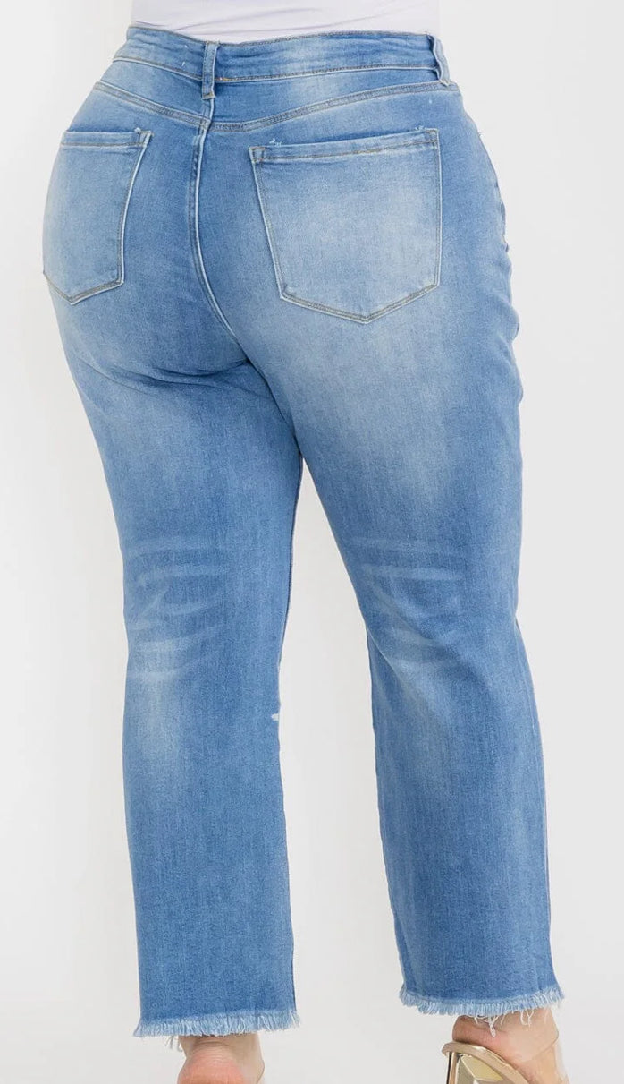 PLUS SIZE BUTTON CLOSURE POCKETS WIDE LEG DISTRESS DENIM PANTS