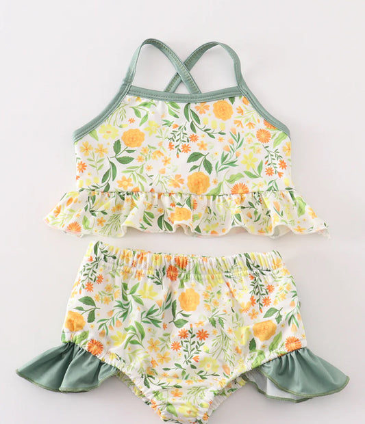 Yellow and green floral 2pc swimsuit