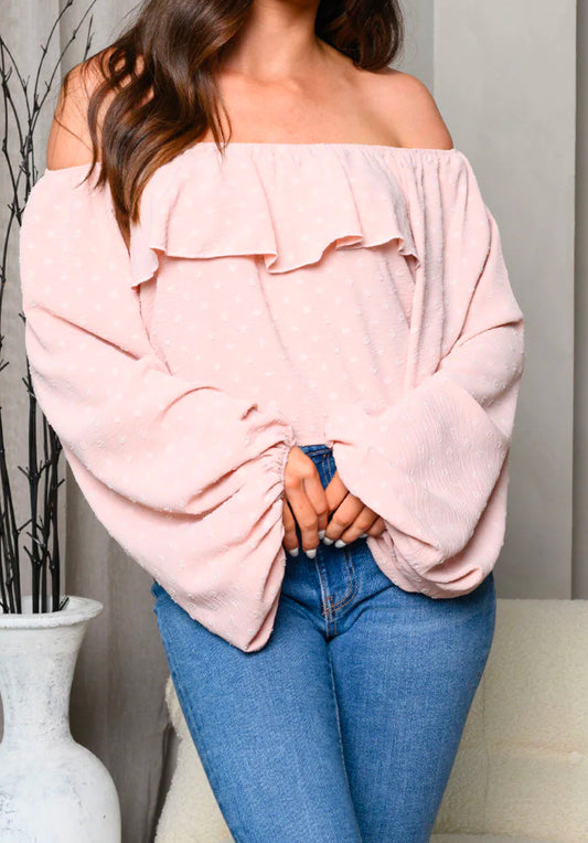 WOMEN'S LONG SLEEVE OFF SHOULDER RUFFLE TOP