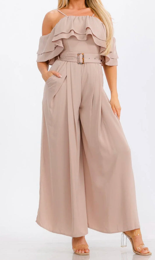 WOMEN'S OFF SHOULDER RUFFLE BELTED POCKETS WIDE LEG JUMPSUIT