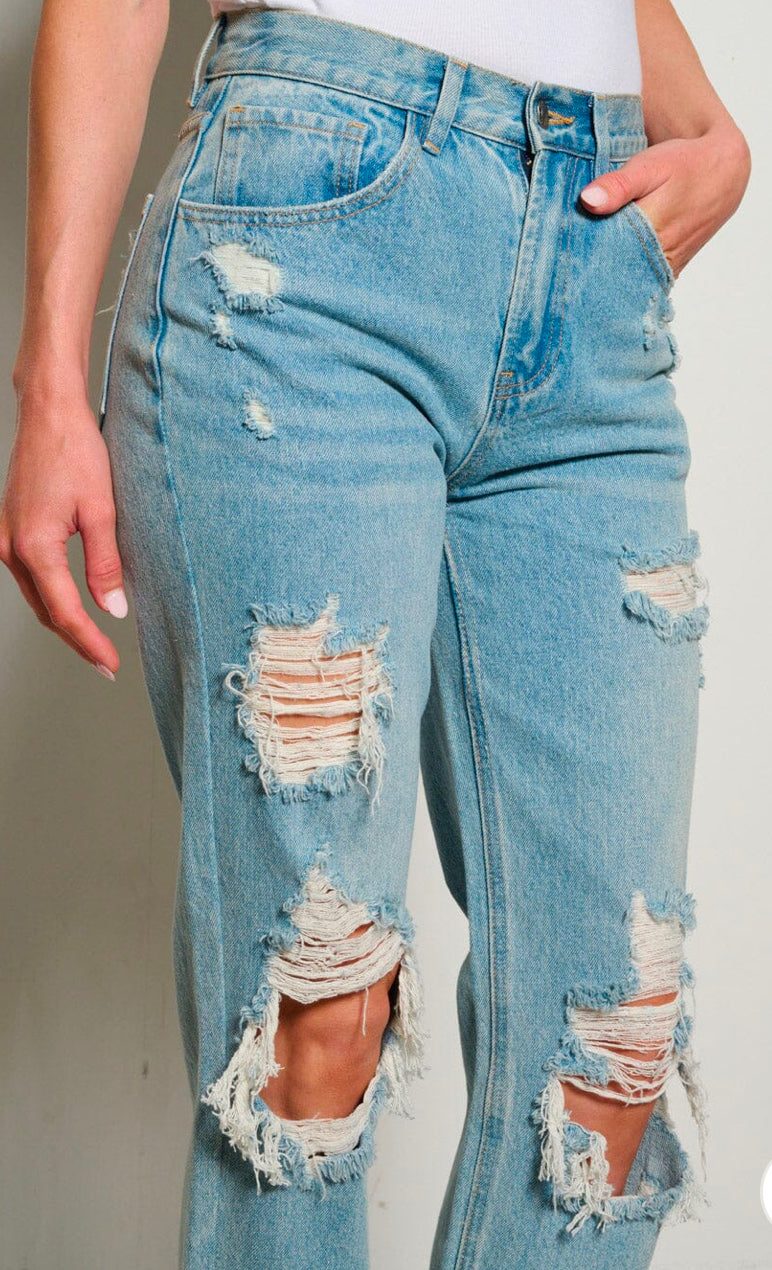 WOMEN'S BUTTON CLOSURE POCKETS WIDE LEG DISTRESS DENIM PANTS