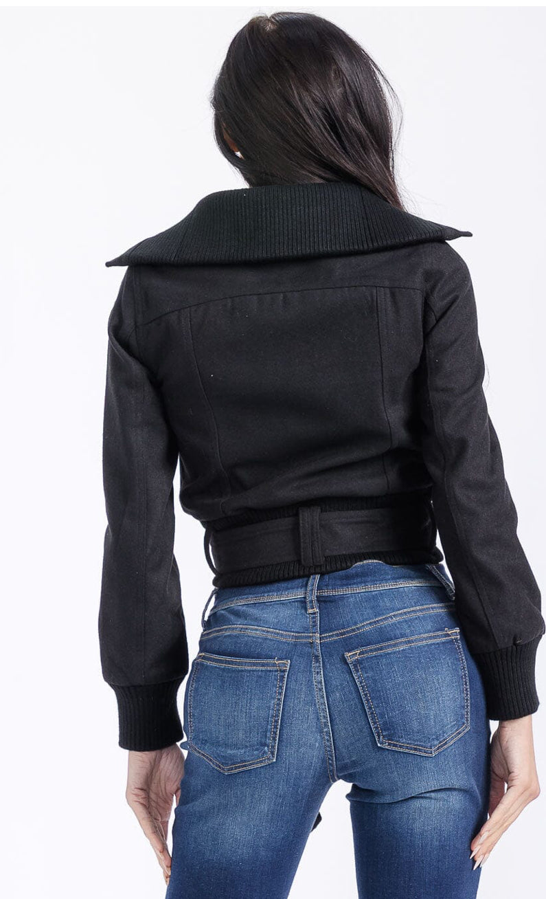 Women’s long sleeve zipper closure pockets belted jacket