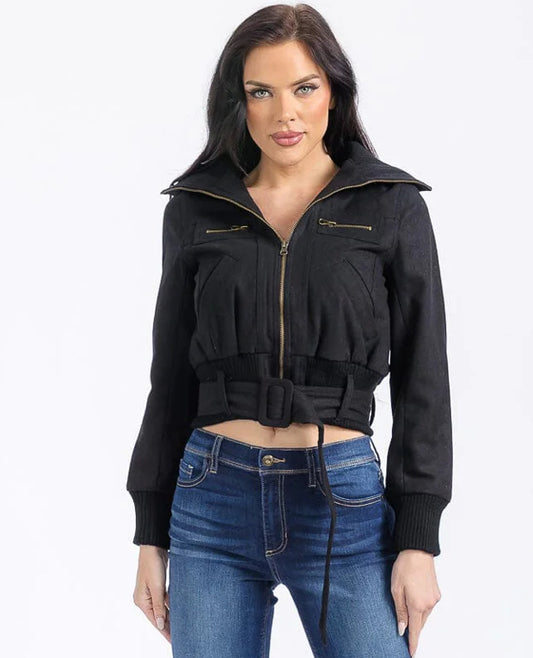 Women’s long sleeve zipper closure pockets belted jacket