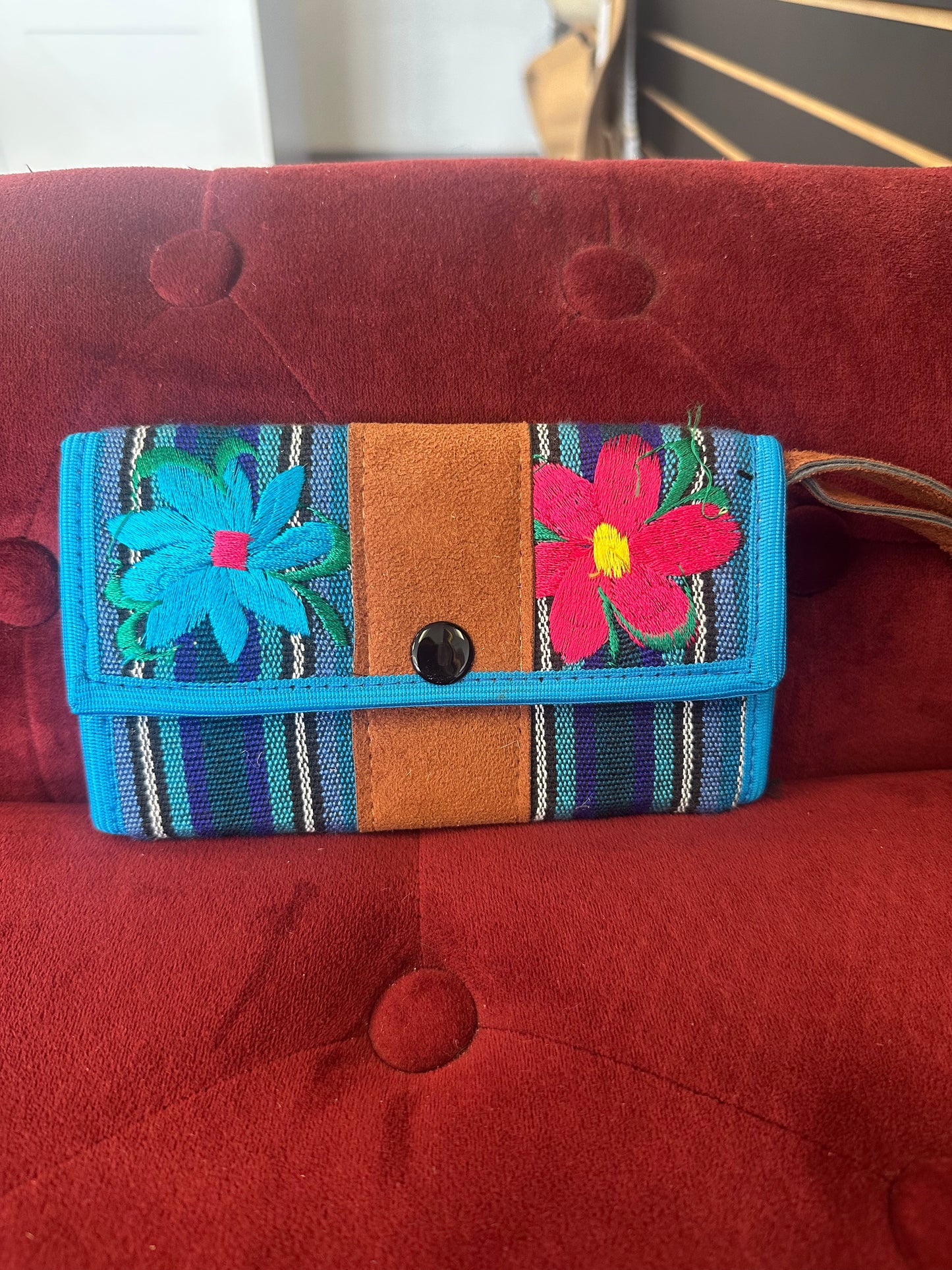 Blue and flower wallet stitched