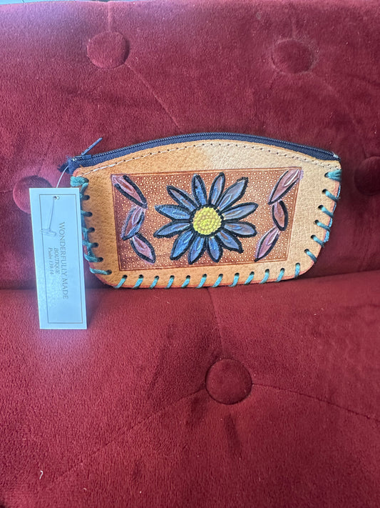 Leather coin purse blue flower